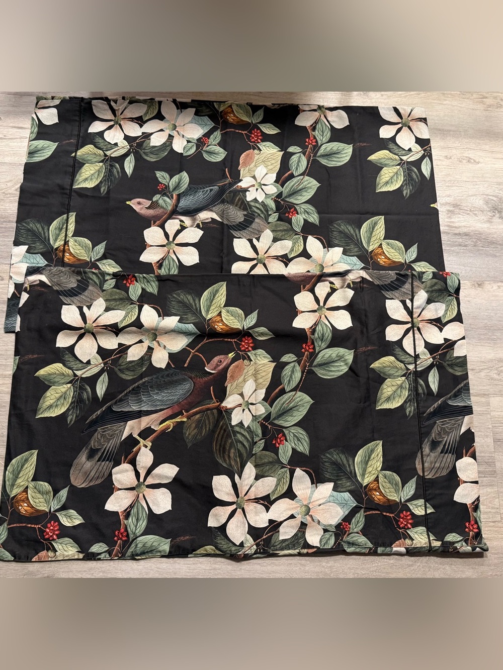 Cuddledown Standard Size Pillowcases Black Floral Bird Print James Audubon